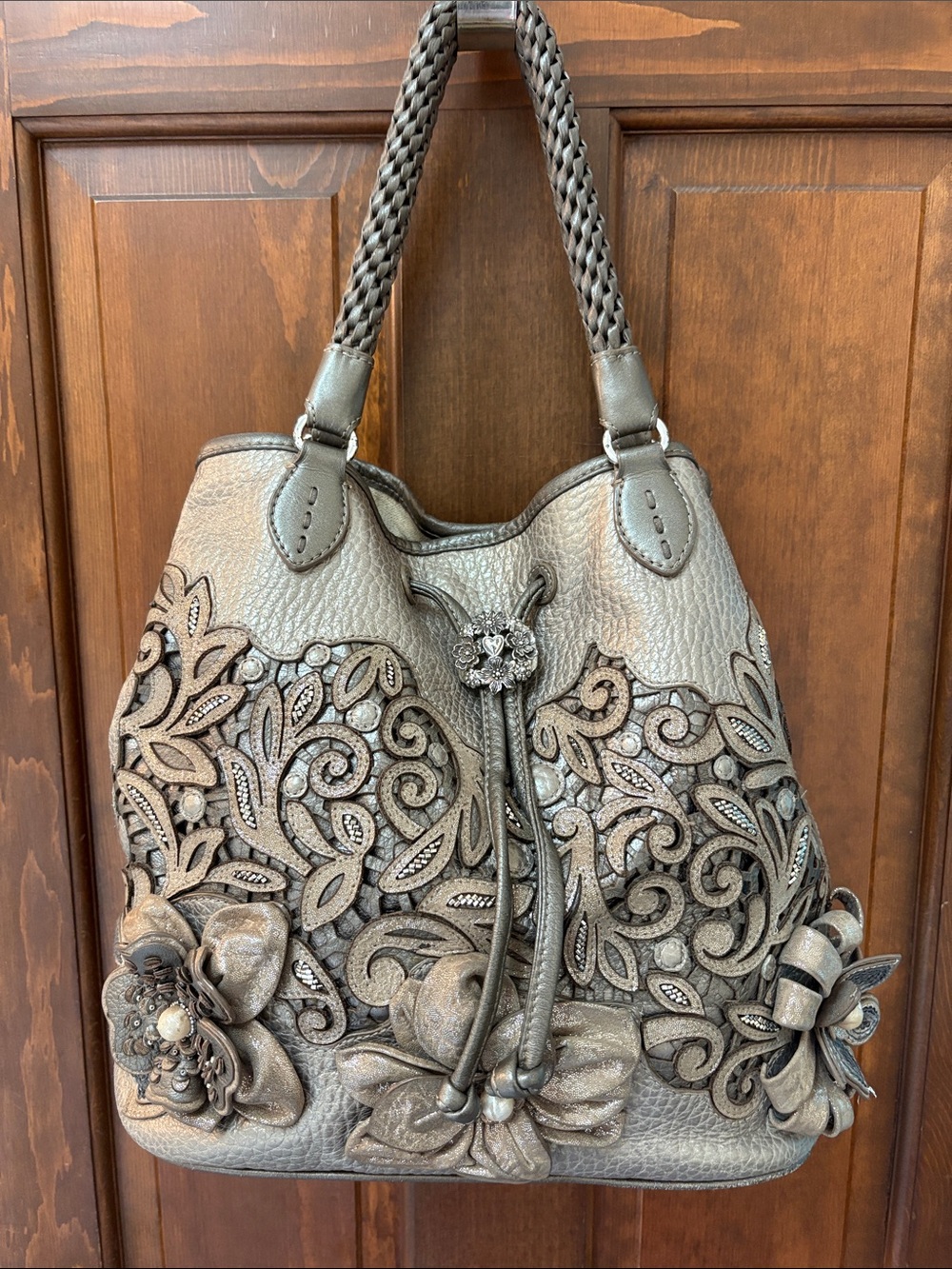 Brighton Leather Pearl Embellished vintage “Catch the Moon” Pewter Bucket Purse